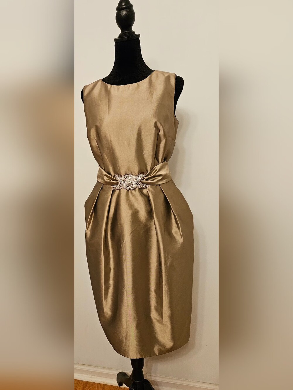 Alex Elegant Gold Satin Cocktail Dress with Embellished Waist
